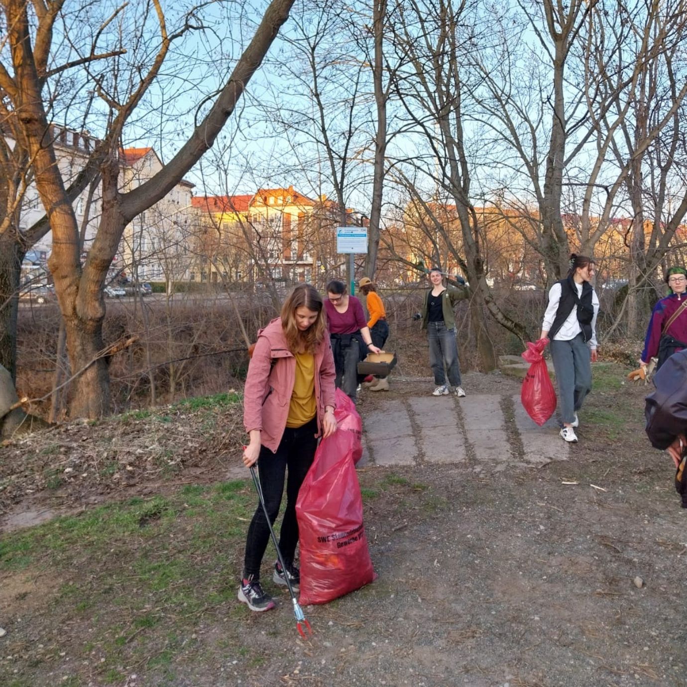 Menschen sammeln Müll in der Natur auf.